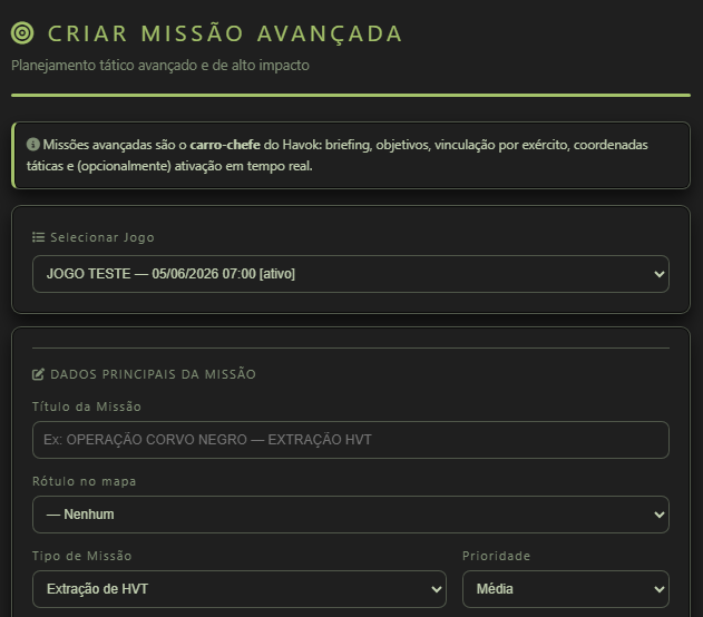 Formulário Criar missão avançada com selecionar jogo, título da missão, rótulo no mapa, tipo de missão e prioridade.